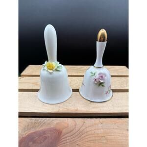 Set 2 Hand-Painted Bone China Bells-England White-Pink/Yellow Flowers